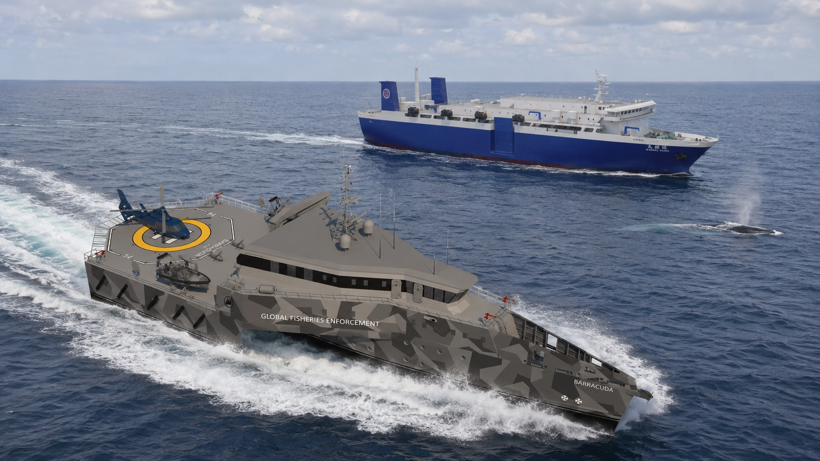 Concept rendering of the WDA Barracuda patrol vessel operating near the Kangei Maru and a whale at sea